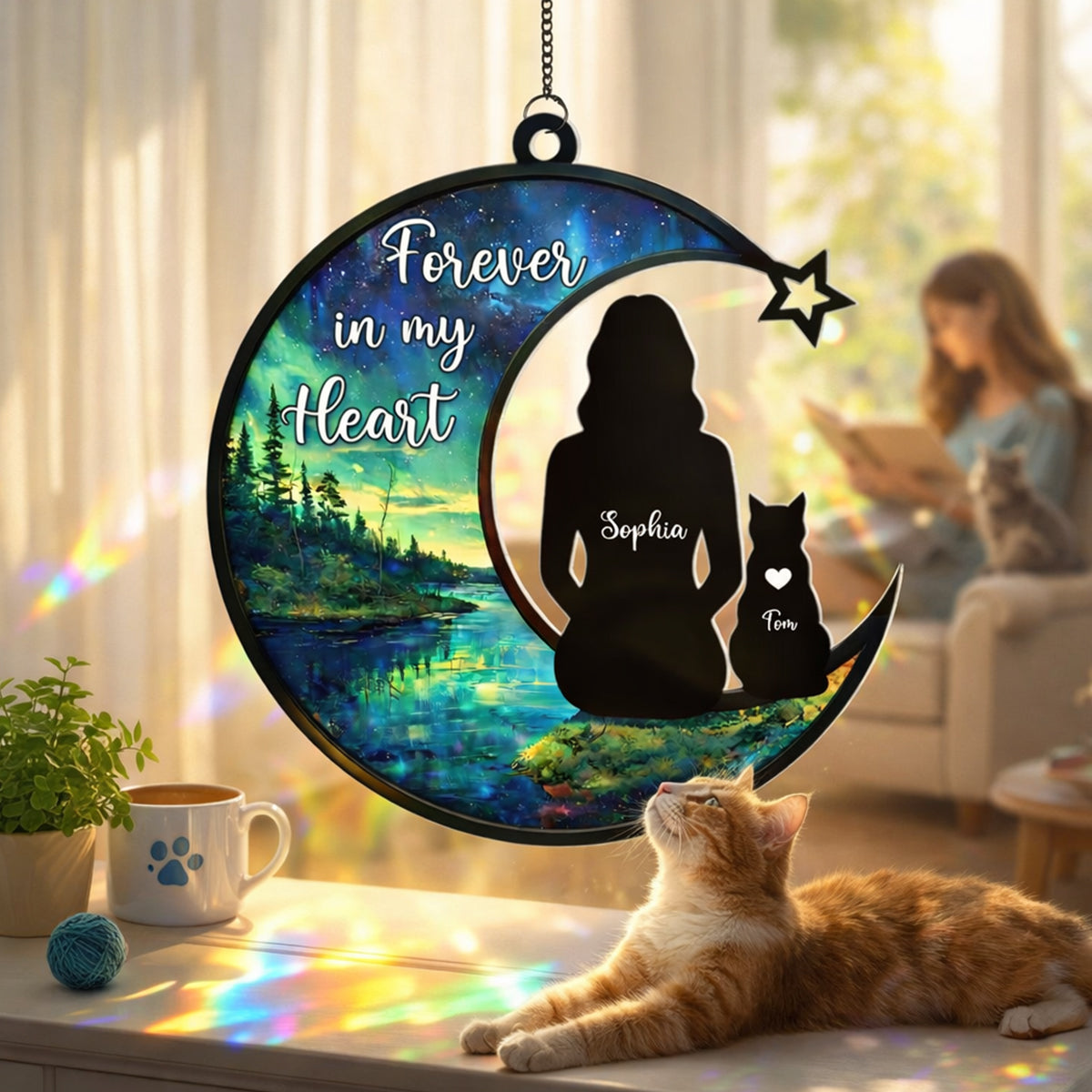 Cat Memorial Forever In My Heart - Personalized Stained Glass Suncatcher Ornament - Gift For Cat Lovers, Cat Mom