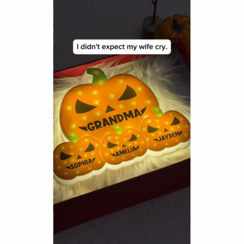 3D Effect Marquee Pattern Halloween Grandma And Grandkids Pumpkins - Personalized Light Box - Gift For Grandmas