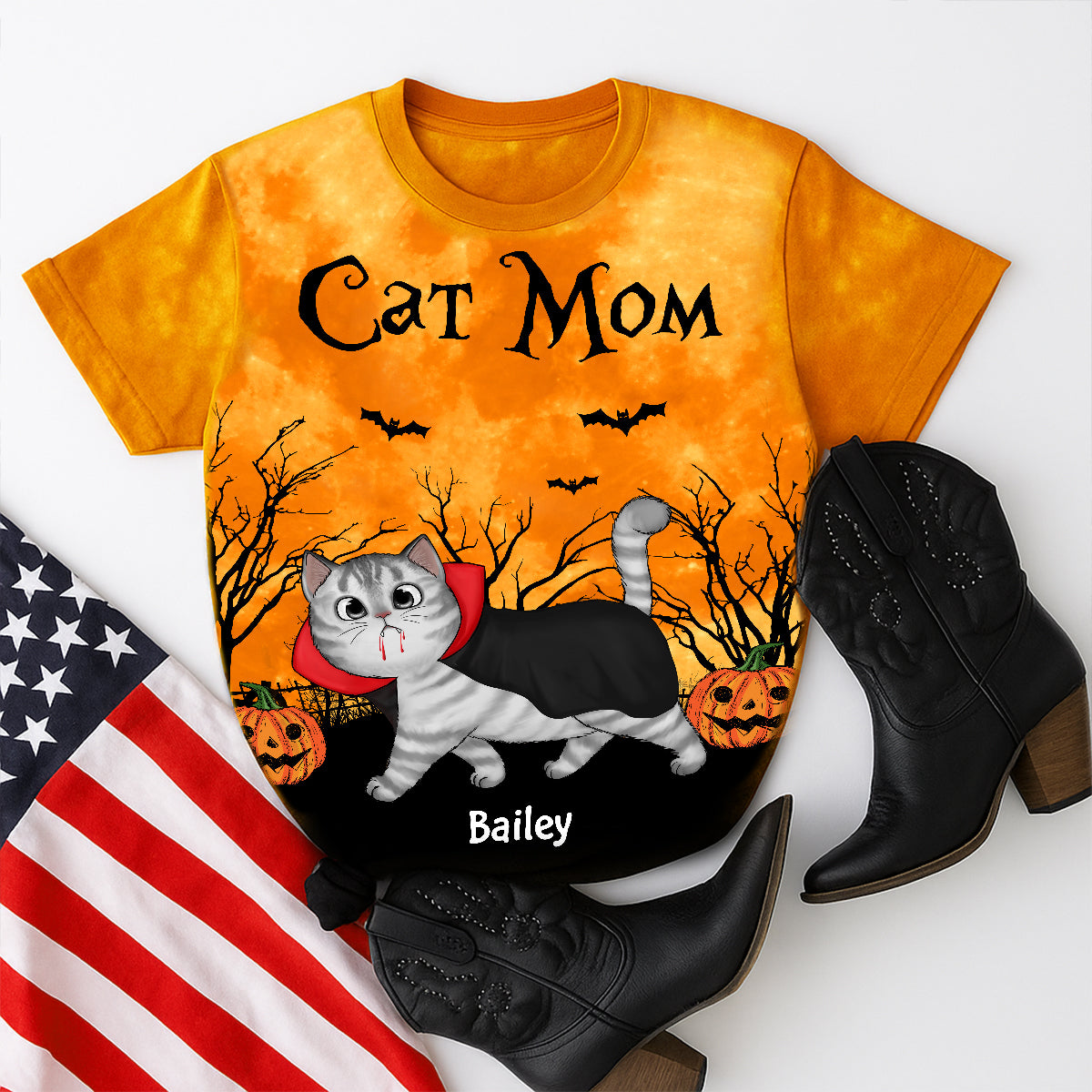 Cat Mom Halloween Moon Light Bat Tree Walking Cat Personalized Shirt, Purrfect Costume for Cat Lover
