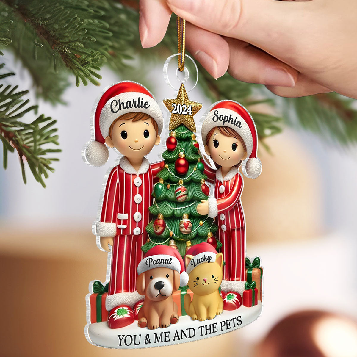 Couple Decorating The Christmas Tree With Dogs Cats Personalized Acrylic Ornament, Gift For Cat Lovers, Dog Lovers