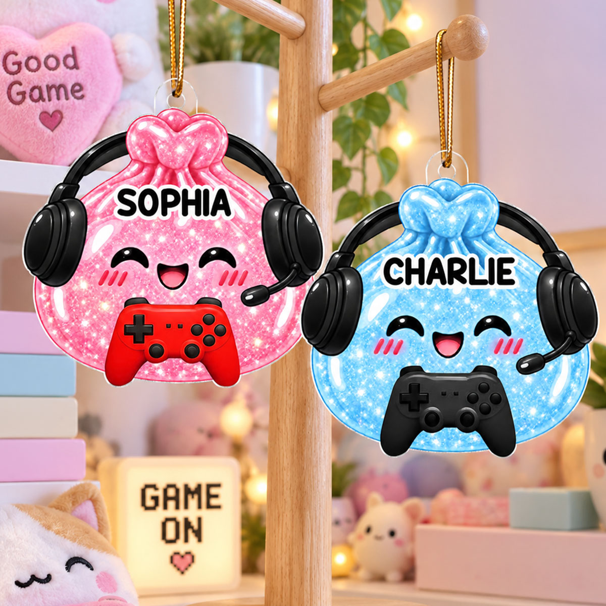 Cute Funny Gamer Dumpling Dim Sum Custom Name - Personalized Acrylic Ornament - Christmas Gift, Keepsake For Kids, Teenagers, Gamers