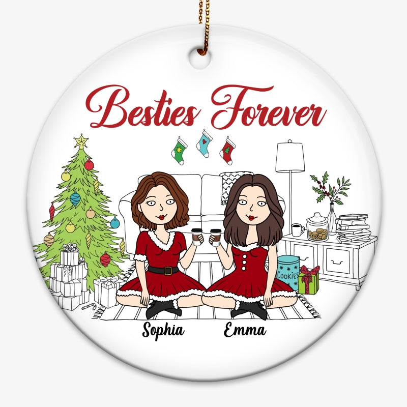 Christmas Outline Background Funny Besties Christmas Personalized Circle Ornament