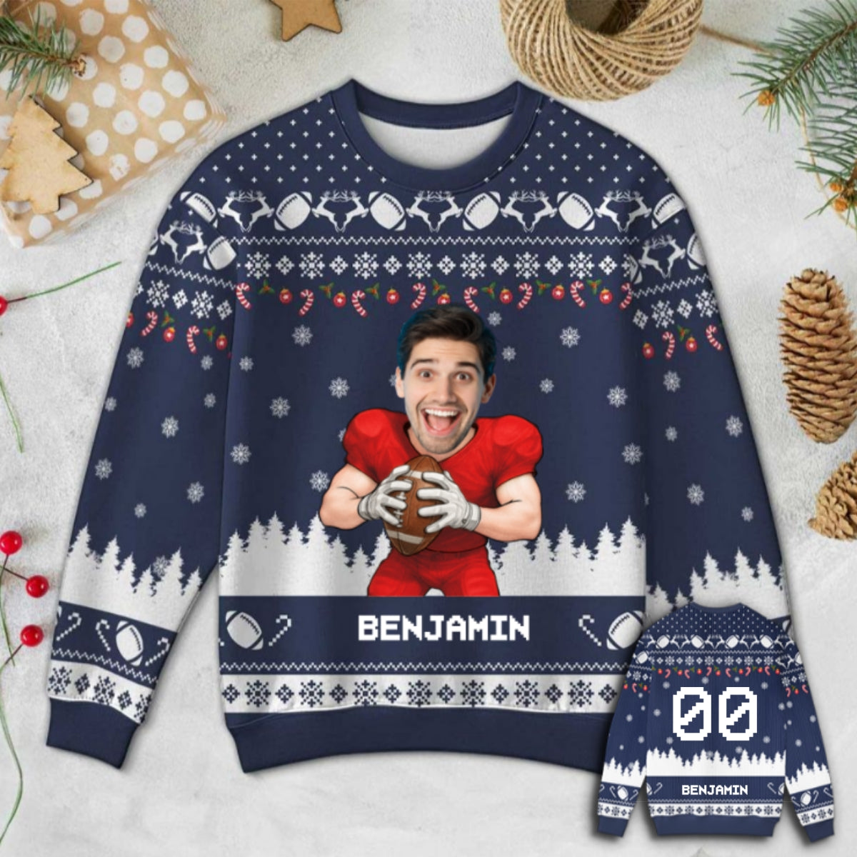 American Football Player Custom Face Photo Personalized Faux Knitting Christmas Ugly Sweater