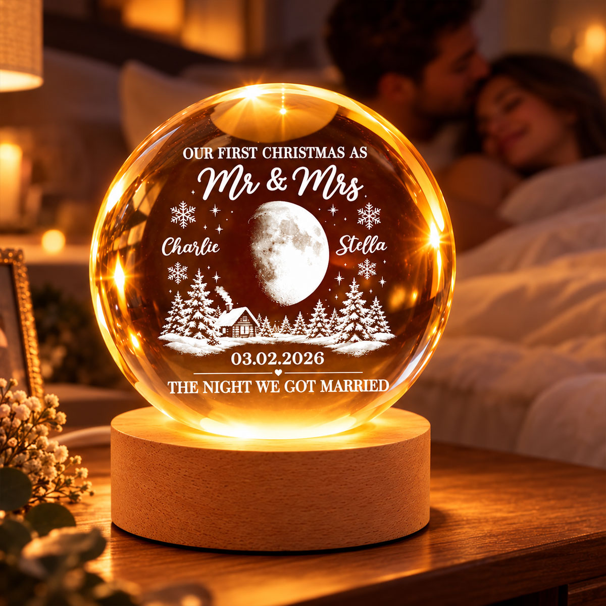 Our First Christmas As Mr Mrs Custom Moon Phase Anniversary Date - Personalized Crystal Ball LED Night Light - Christmas Gift For Newly Wedding Couple, For Him, For Her, Husband, Wife