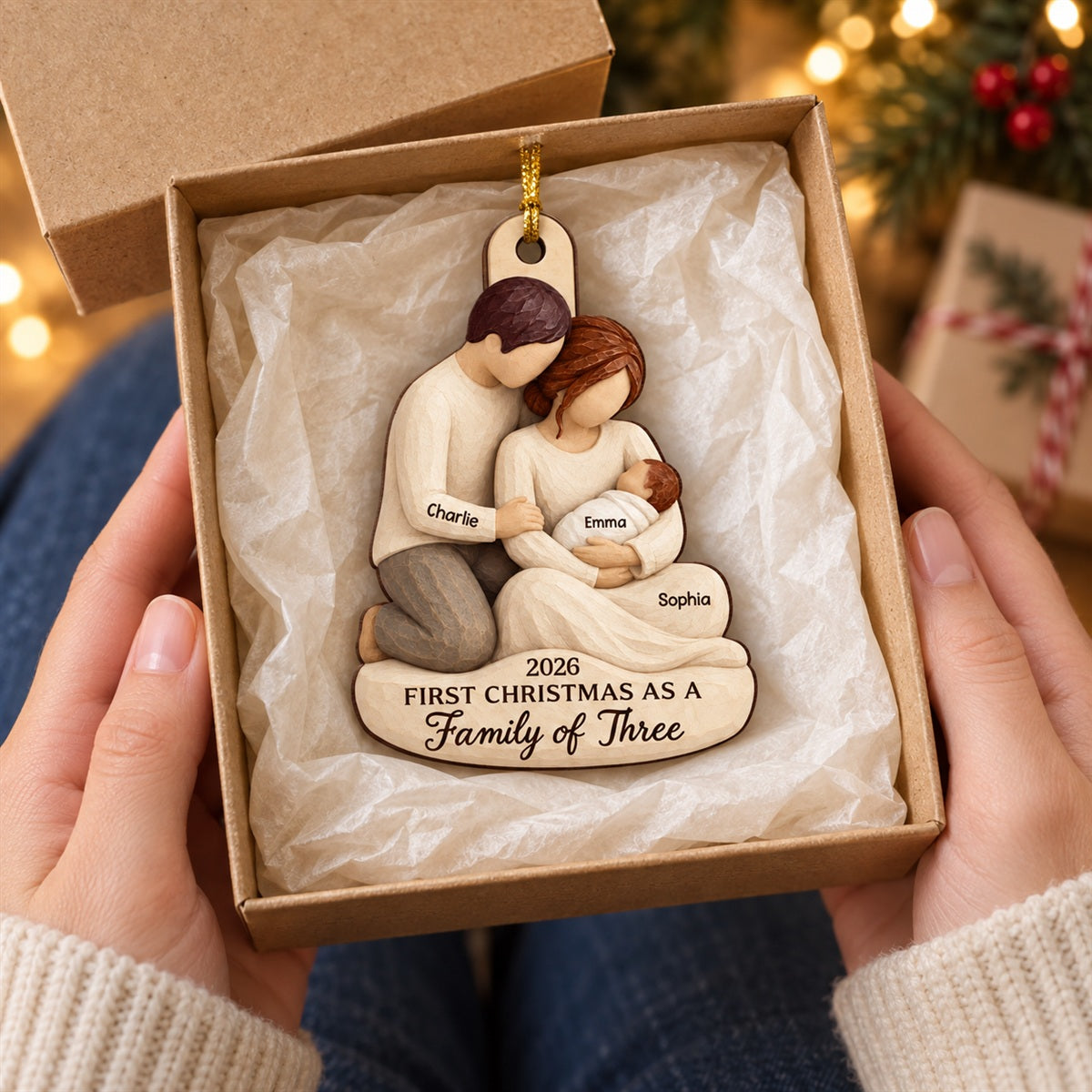 And Then There Were Three 2D Flat Printed - Personalized Wooden Ornament - First Christmas Keepsake For New Parents