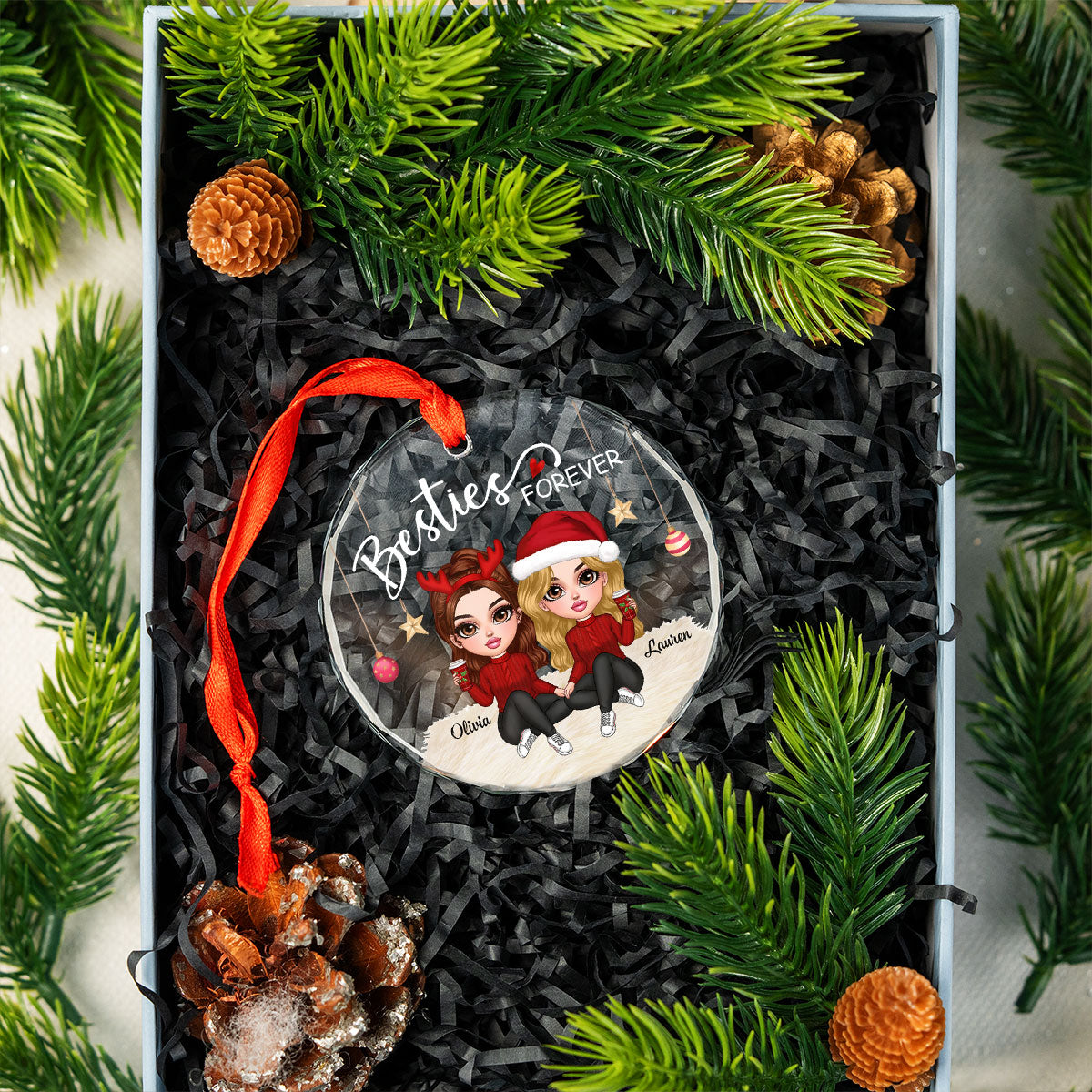 Besties Forever Y2K Best Friends Personalized Glass Ornament, Friendship Christmas Gift