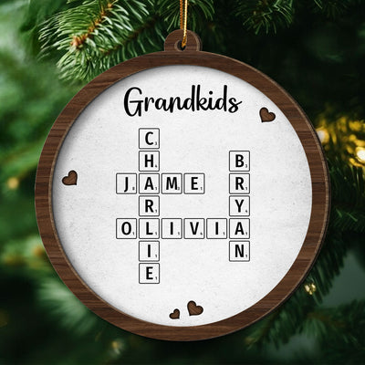 Grandkids Crossword Puzzle Art Newspaper Personalized 2-Layer Wooden Ornament, Christmas Gift For Grandma, Gift For Mom