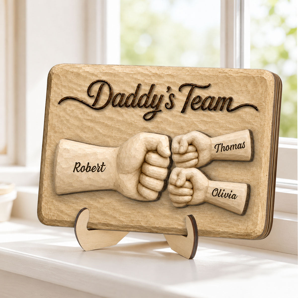 Sentimental Rustic Daddy's Team Fist Bump - Personalized 2-Layered Wooden Plaque - Father's Day Gift For Dad, Husband