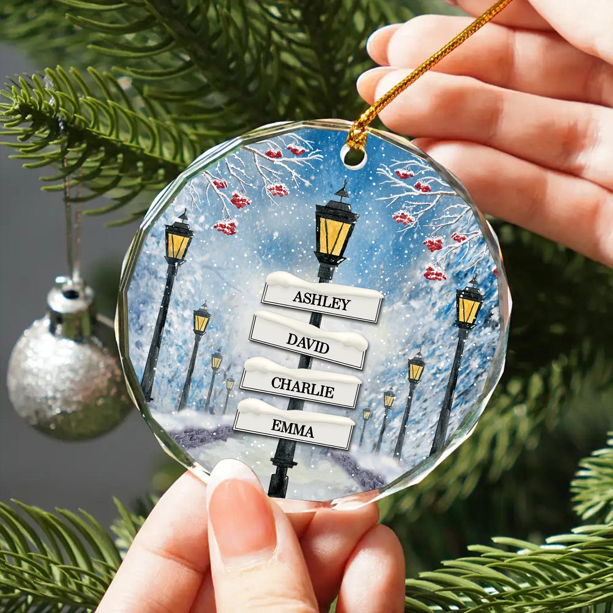 Winter Family Names Lamp Post Signs Christmas Glass Ornament, Christmas Gift For Family