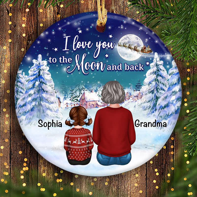 Grandma & Grandkid Sitting Under Moon Light In Christmas Night Personalized Circle Ornament