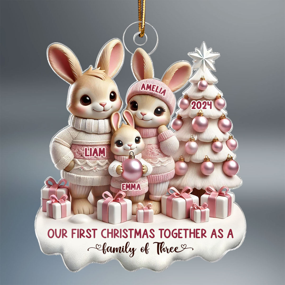 3D Effect Bunny Family Our First Christmas As A Family Of Three Christmas Personalized Acrylic Ornament, Newborns Gift, New Parents Gift