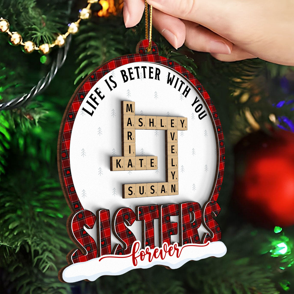 Congrats On Being My Besties Sisters Crossword Puzzle Art Personalized 2-Layer Wooden Ornament, Unique Christmas Gift For Besties Sisters