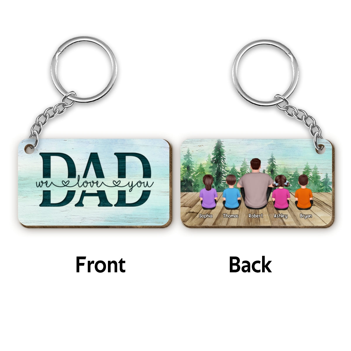 Dad And Kids Back View Sitting Forest Personalized Wooden Keychain