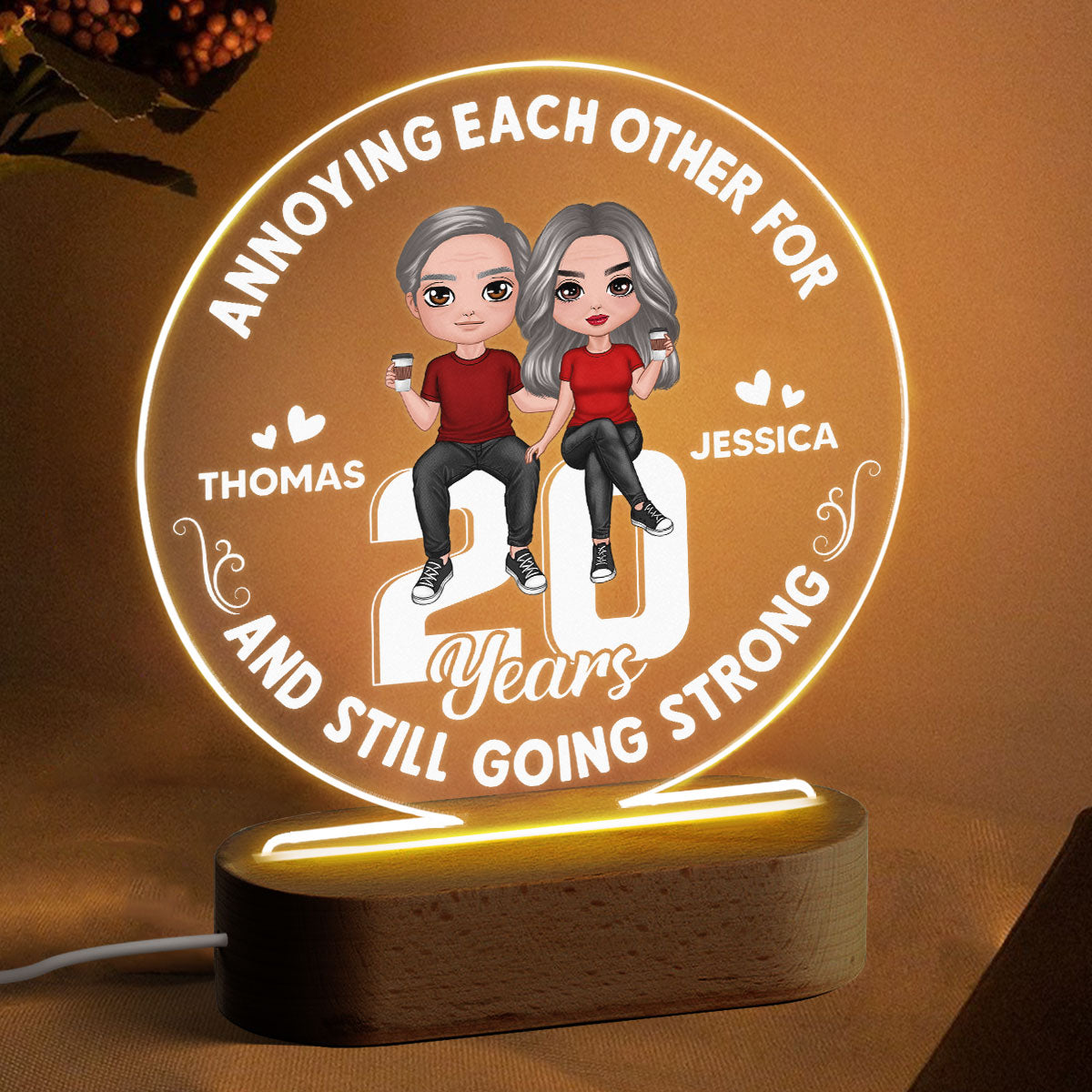 Annoying Each Other Doll Couple Sitting On Number Personalized Circle Acrylic Plaque With LED Night Light - Anniversary Gift For Her - Gift For Him
