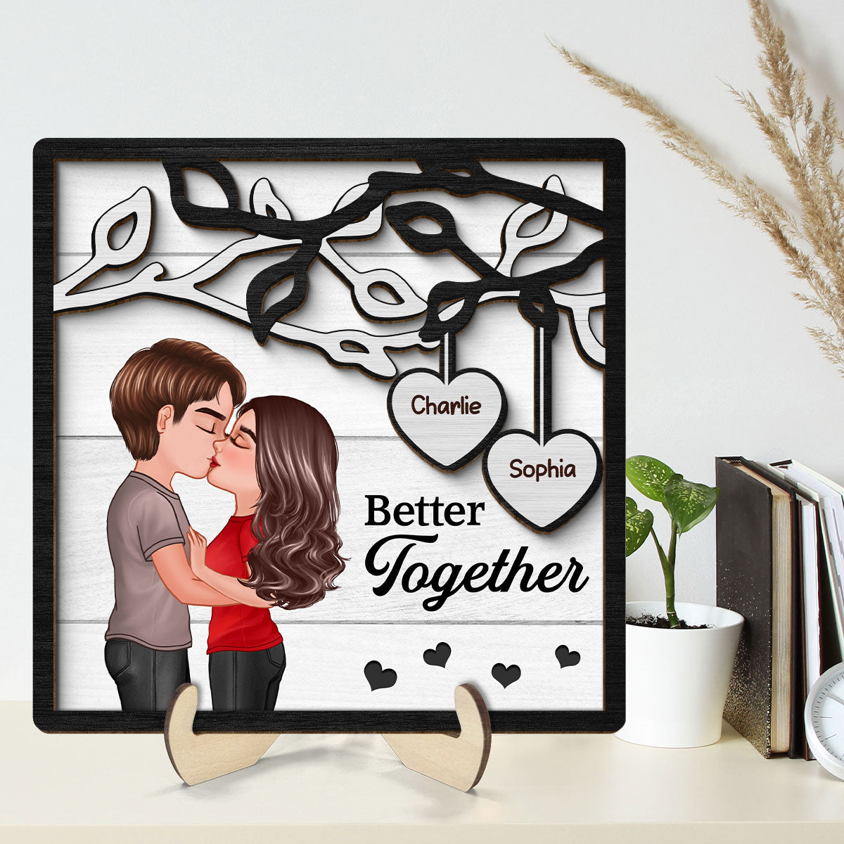 Couple Kissing Under Tree Gift For Him For Her Personalized 2-Layer Wooden Plaque