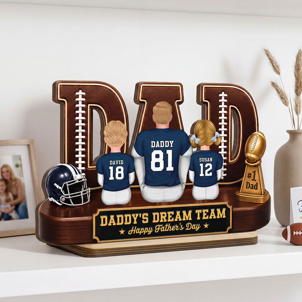 American Football Dad Legend Daddy's Dream Team - Personalized 2-Layered Wooden Plaque - Unique Trending Father's Day Gift For Dad, Husband, Football Fans