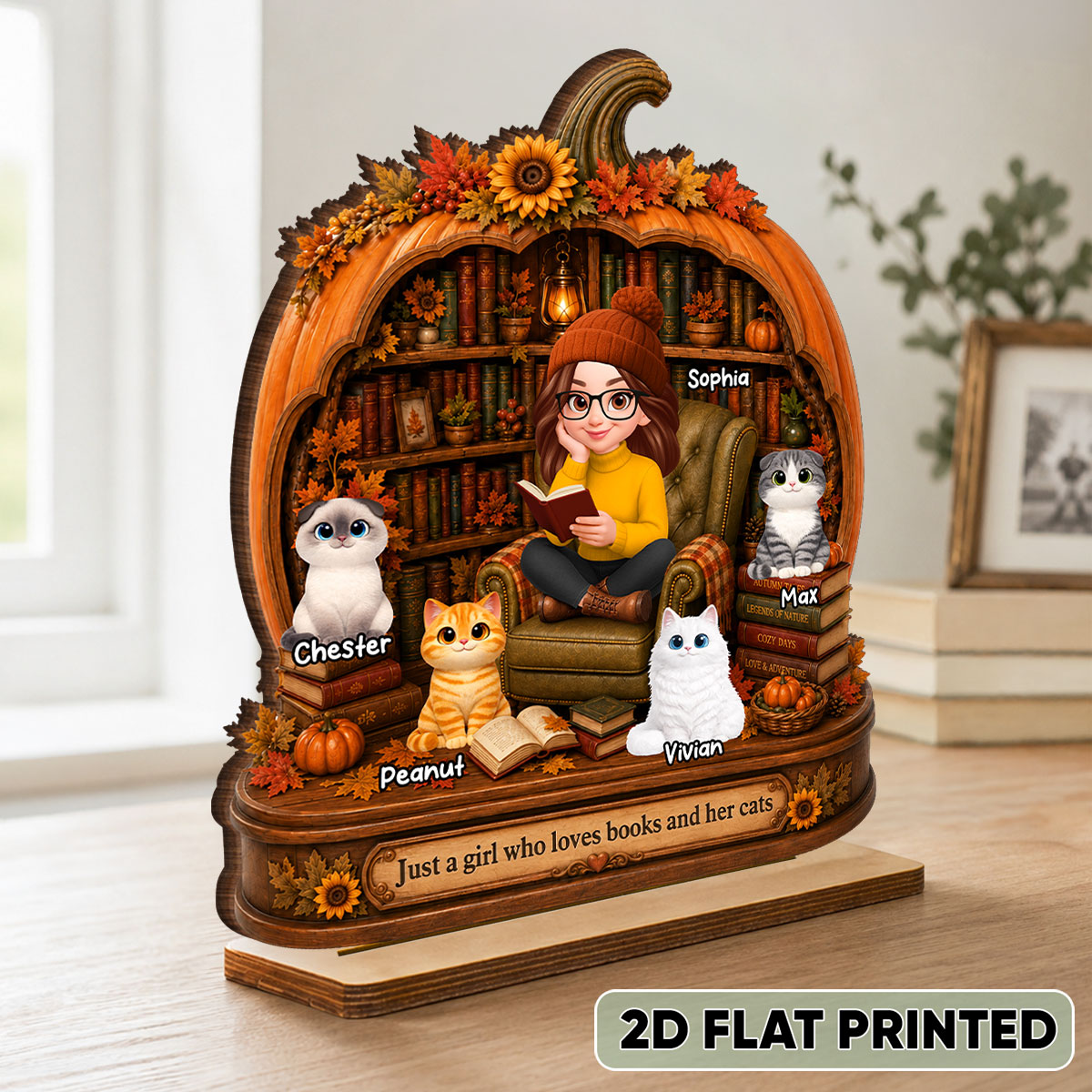Reading Girl Who Loves Books And Her Cats - Personalized 2-Layered Wooden Plaque - Fall Season Decor Gift, Gift For Book Lovers