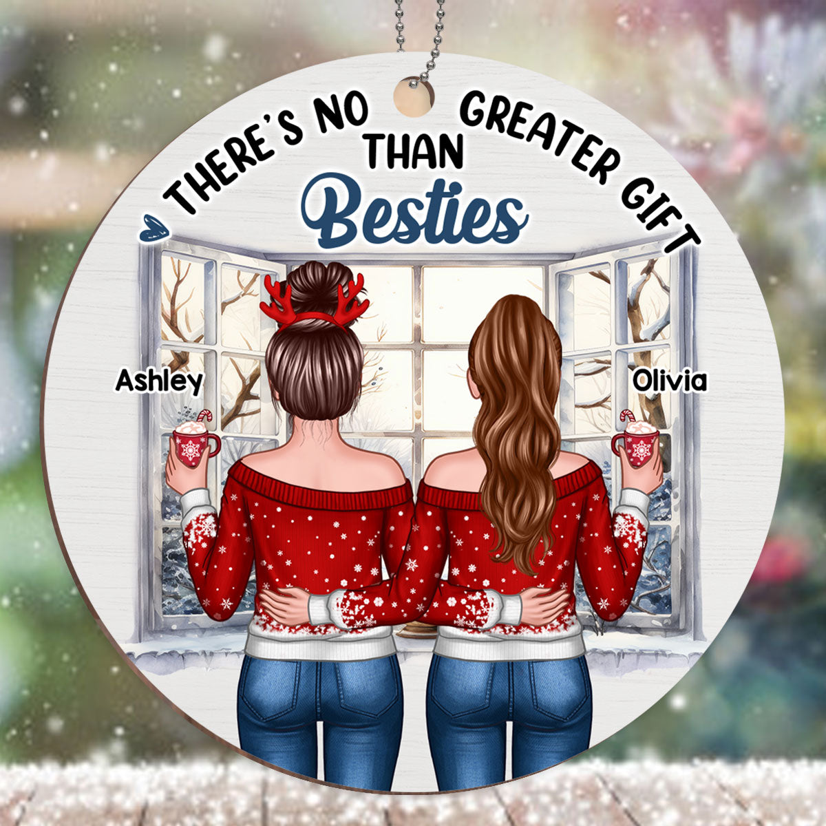 Christmas Besties Sister Standing Back View Window Personalized Wooden Ornament