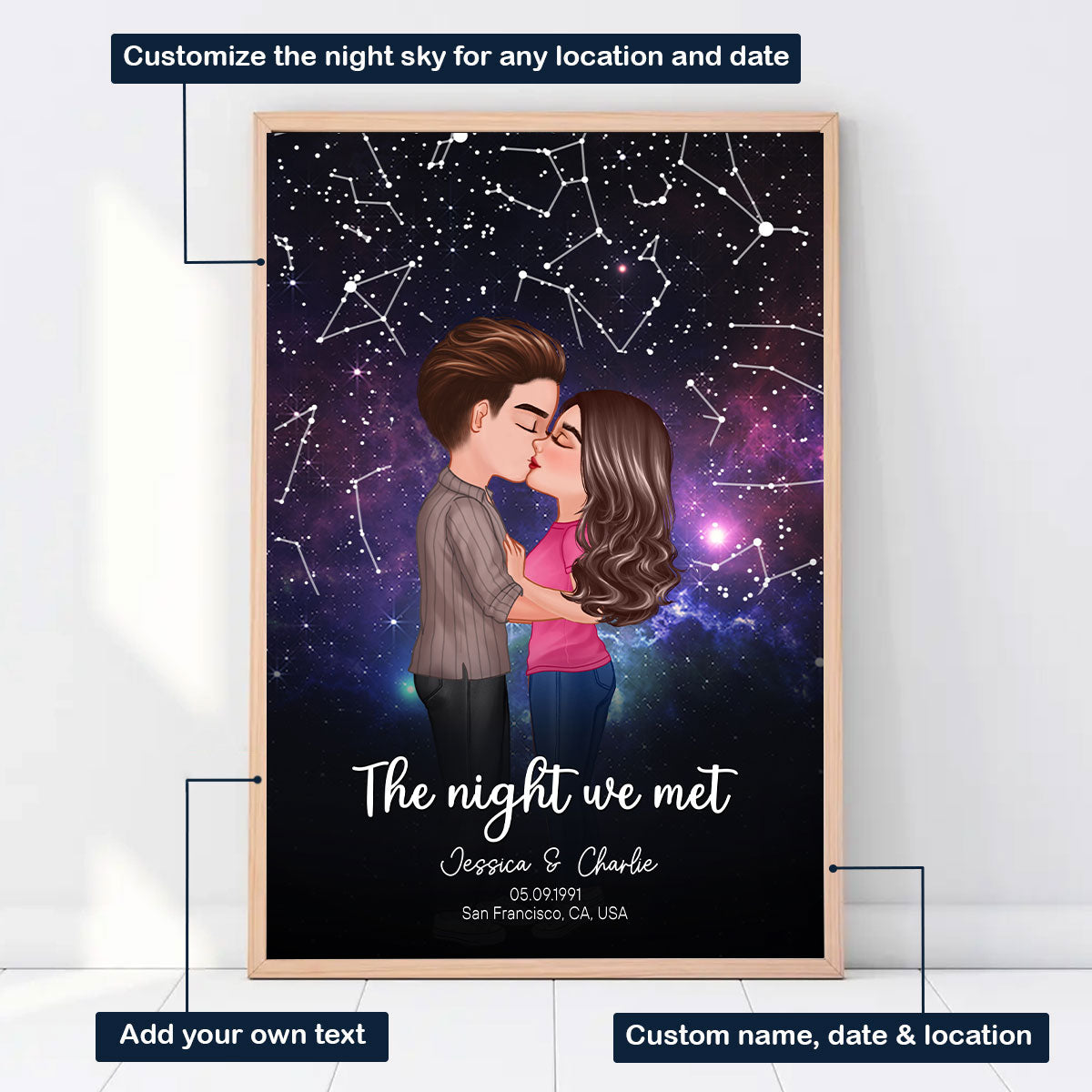 Couple Kissing Under the Stars Personalized Poster, Custom Star Map by Date, Couple Constellation Map, Gift for him and her