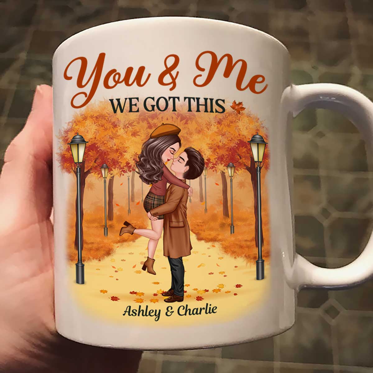 Couple Hugging Kissing In Fall Park Personalized Mug