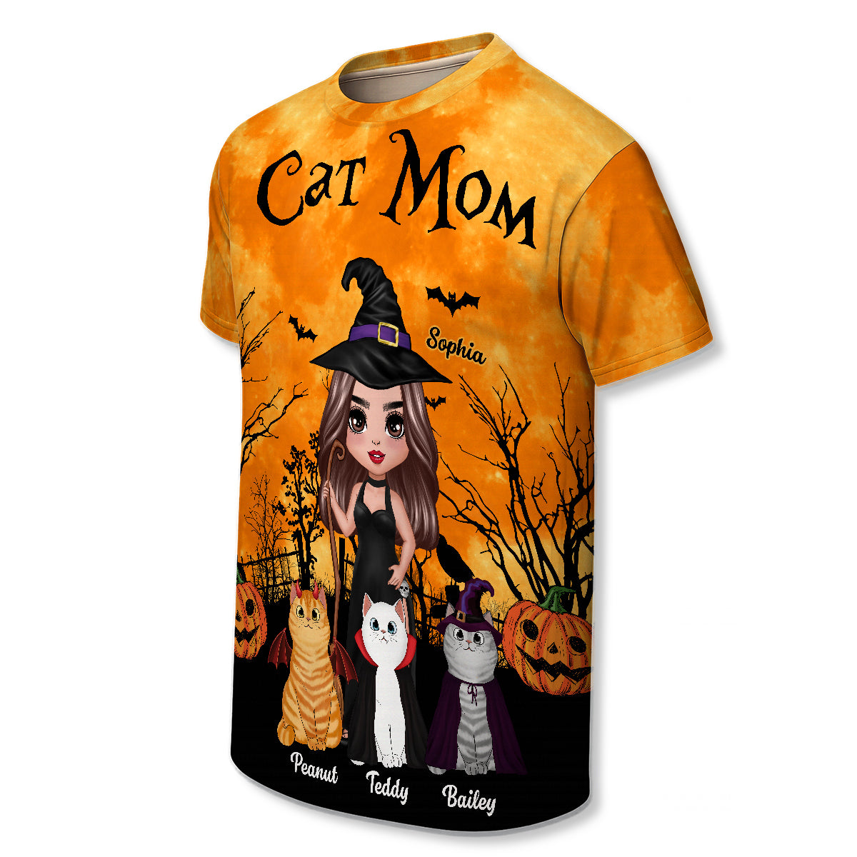 Witch Cat Mom Halloween Moon Light Bat Tree Personalized Shirt, Purrfect Costume for Cat Lover