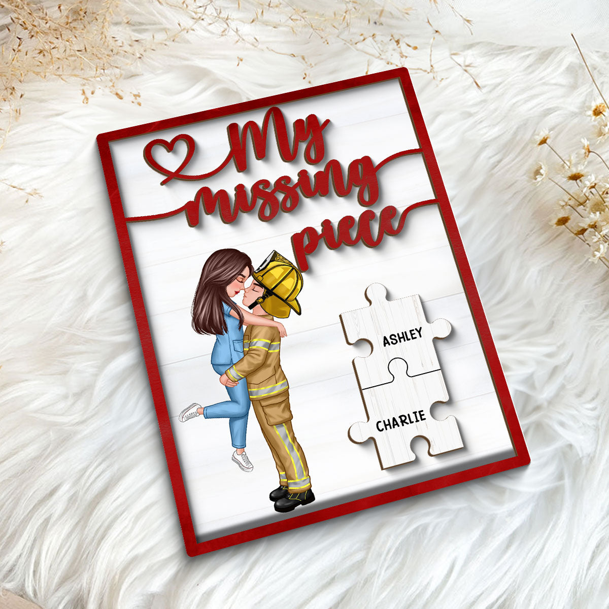 My Missing Piece Couple Hugging Kissing Red Valentine‘s Day Gift by Occupation Gift For Her Gift For Him Personalized 2-Layer Wooden Plaque