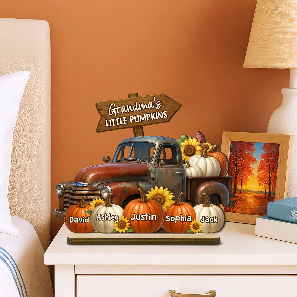 Grandma's Little Pumpkin Fall Truck Personalized Standing Wooden Plaque, Fall Decor for Grandma
