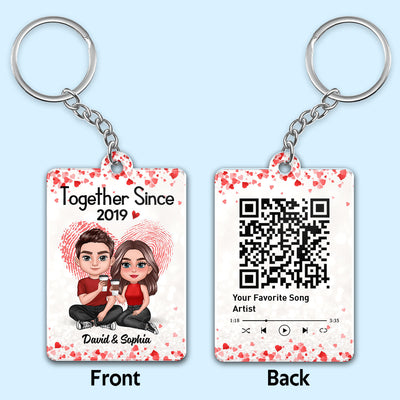Fingerprint Doll Couple Sitting Together Favorite Song Scannable QR Code Personalized Acrylic Keychain