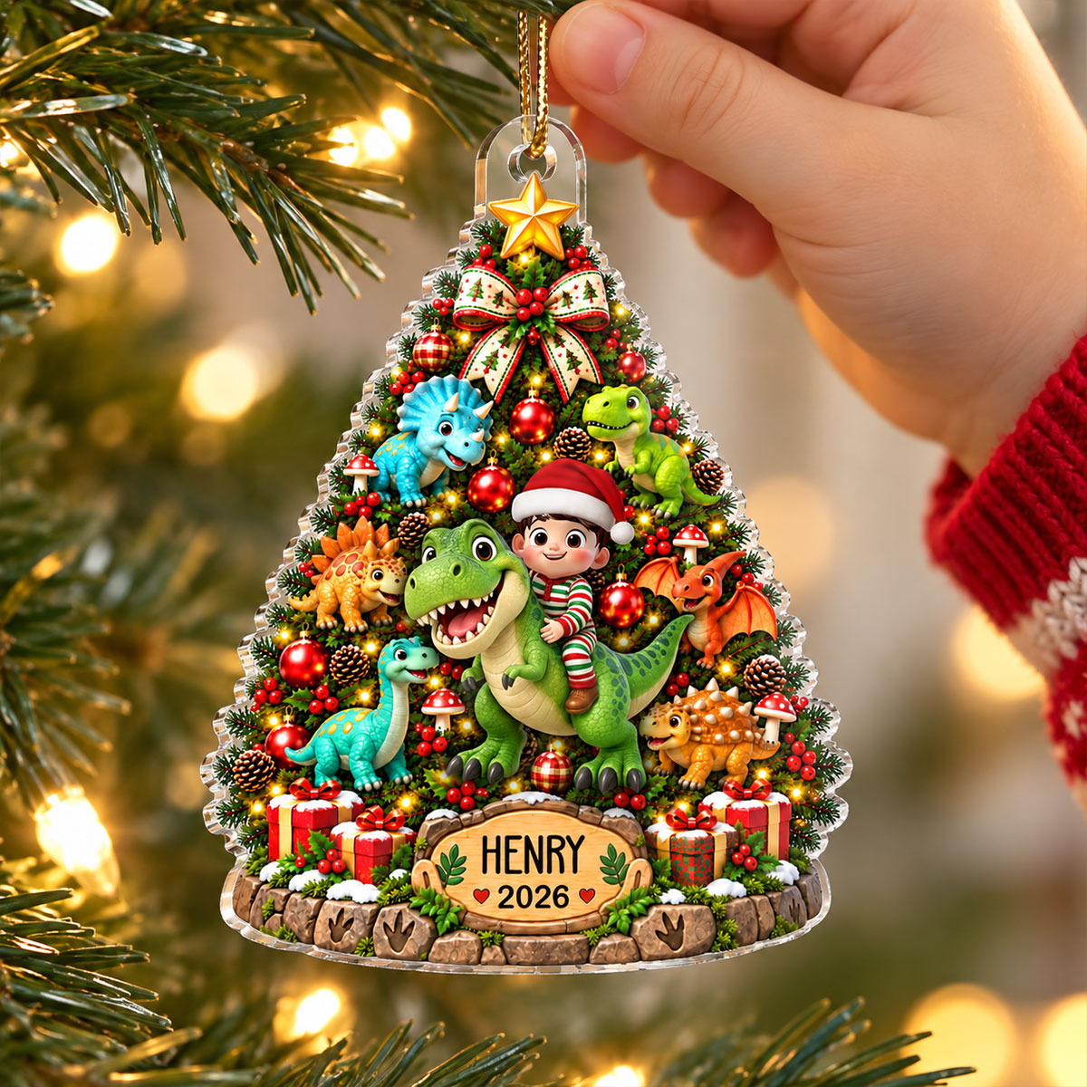 Cute Kid Riding Dinosaur Christmas Tree 2D Flat – Personalized Acrylic Ornament – Christmas Gift For Kids, Dinosaur Lovers