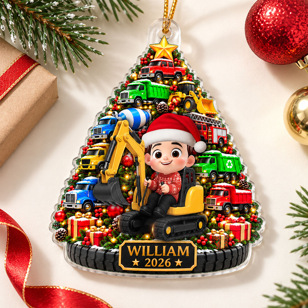 Construction Trucks Christmas Tree 2D Flat – Personalized Acrylic Ornament – Christmas Gift For Boys