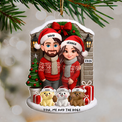 Joyful Couple And Dogs Cats Christmas - Personalized Acrylic Ornament