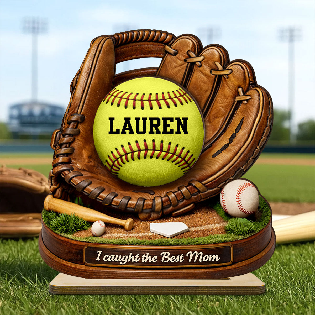 We Caught the Best Mom Baseball Softball - Personalized 2-Layered Wooden Plaque - Heartfelt Gift for Mom