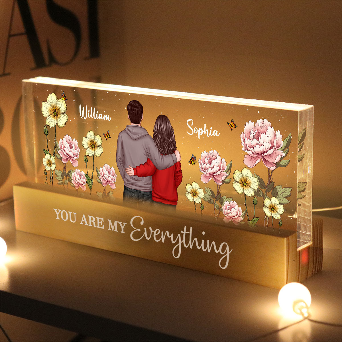 Couple Birth Month Flower - Personalized Acrylic Block Plaque LED Night Light - Gift for Him, Gift for Her
