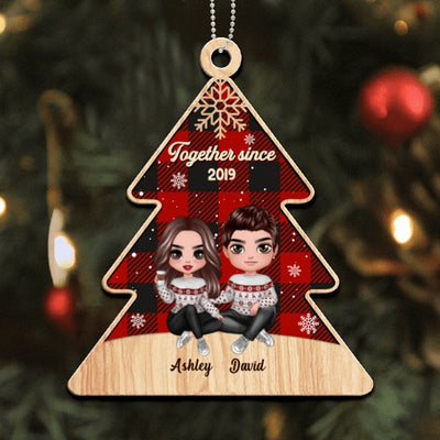 Doll Couple Checkered Pattern Christmas Tree Shape Personalized Wooden Ornament