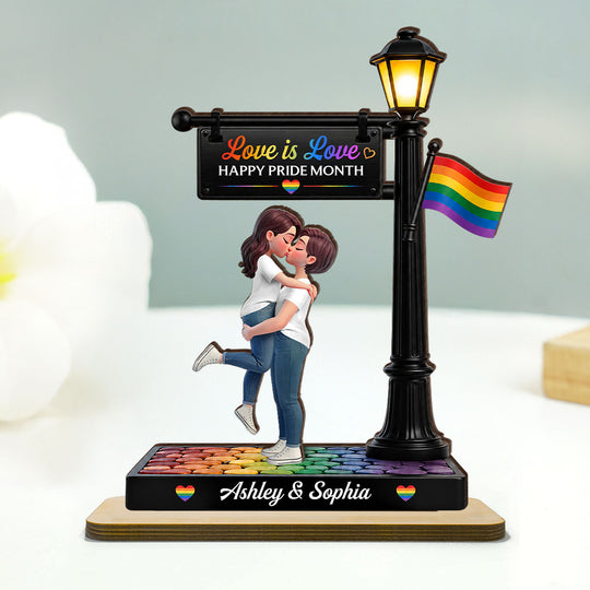LGBT Couple Under Lamp Post - Personalized 2-Layered Wooden Plaque - Gift For Couple, Happy Pride Month