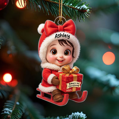 Baby Festive Cheer on a Sled Personalized Acrylic Christmas Ornament, 2025 Keepsake for Newborn