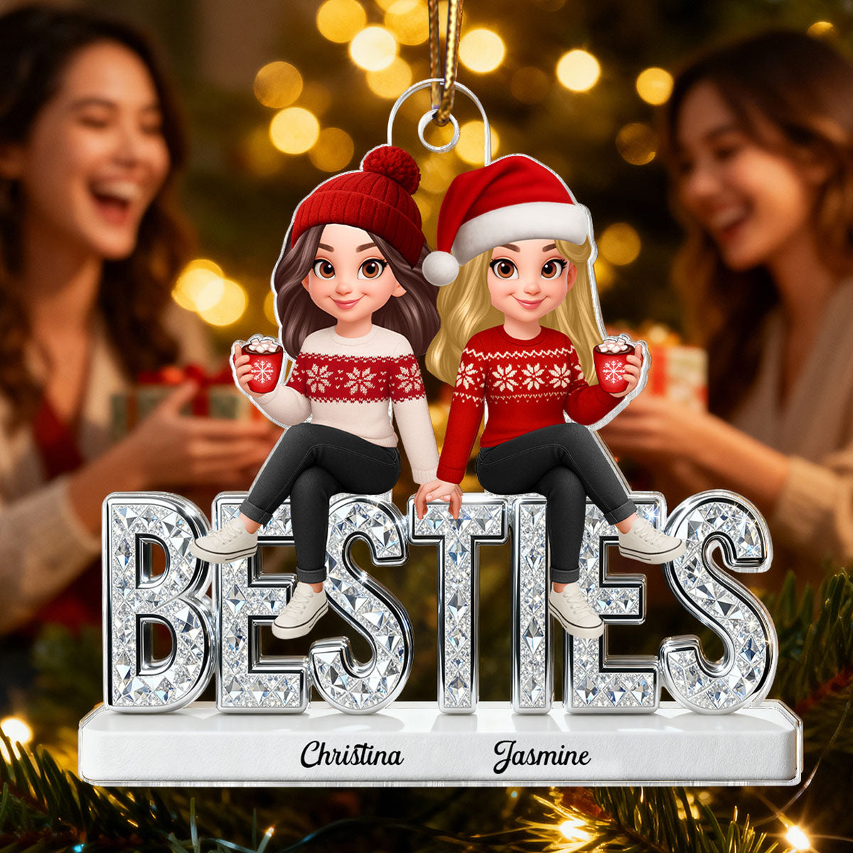 3D Shinning Effect Besties Christmas - Personalized Acrylic Ornament - Heartwarming Christmas Gift For Best Friends, Matching Group Ornaments