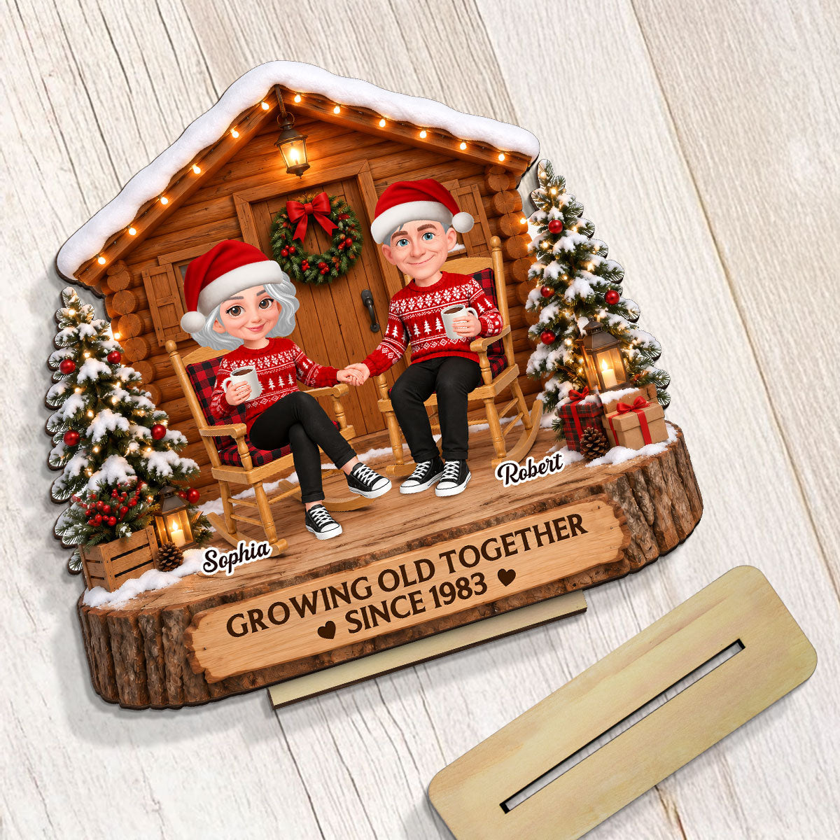Eternal Love Couple Growing Old Together Wood Cabin House - Personalized 2-Layered Wooden Plaque - Christmas Gift, Anniversary Gift For Couple, For Him, For Her, Christmas Tabletop Decor