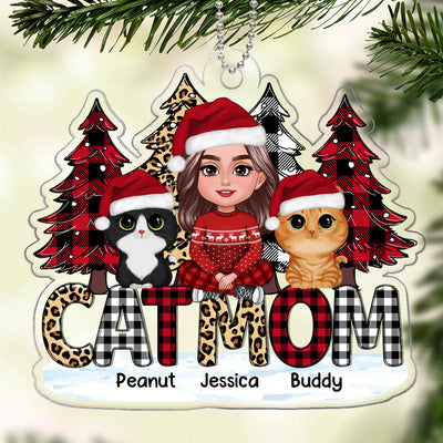 Checkered Leopard Christmas Tree Cat Mom Sitting Personalized Acrylic Ornament