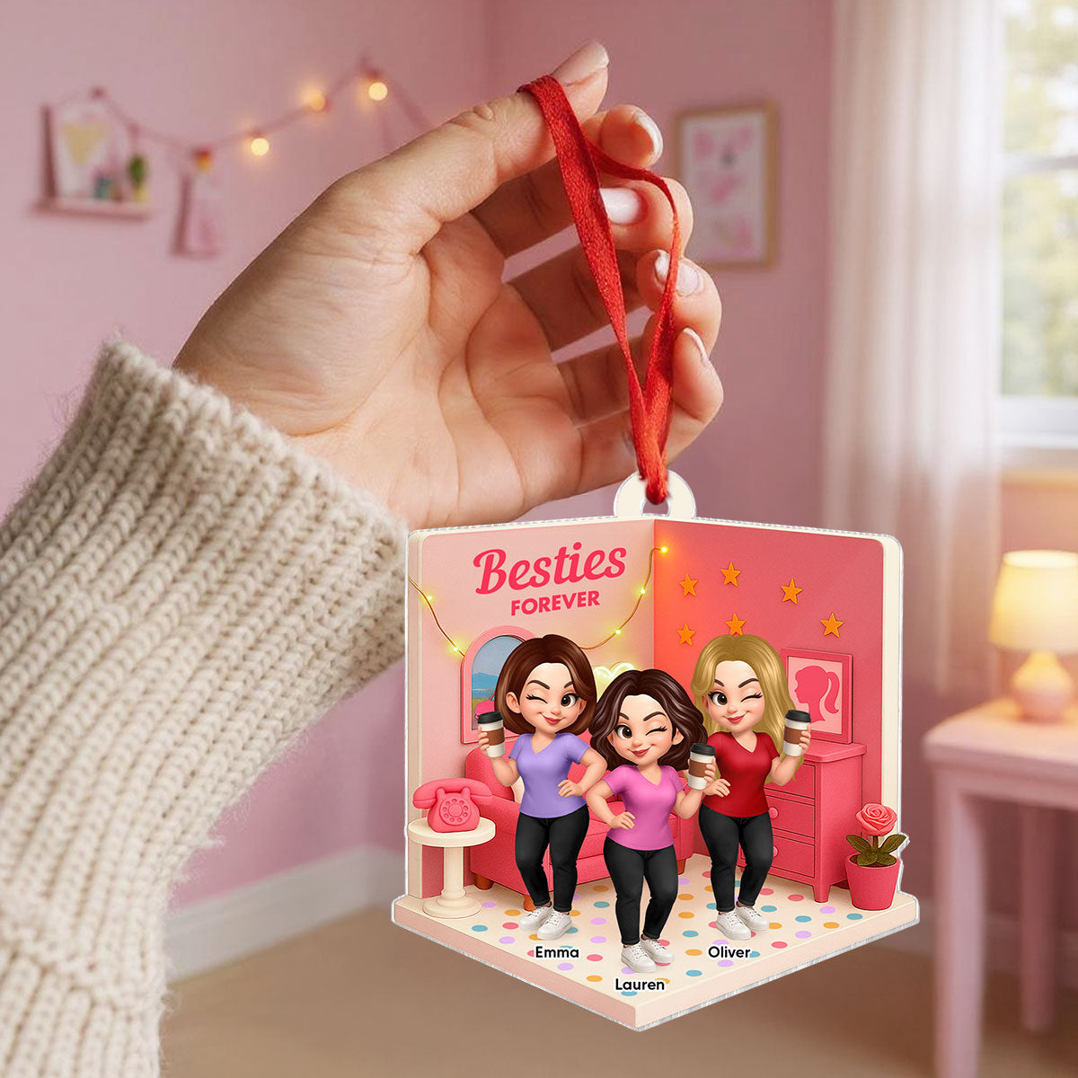 Pink Besties Sisters 3D Effect In House Personalized Acrylic Ornament