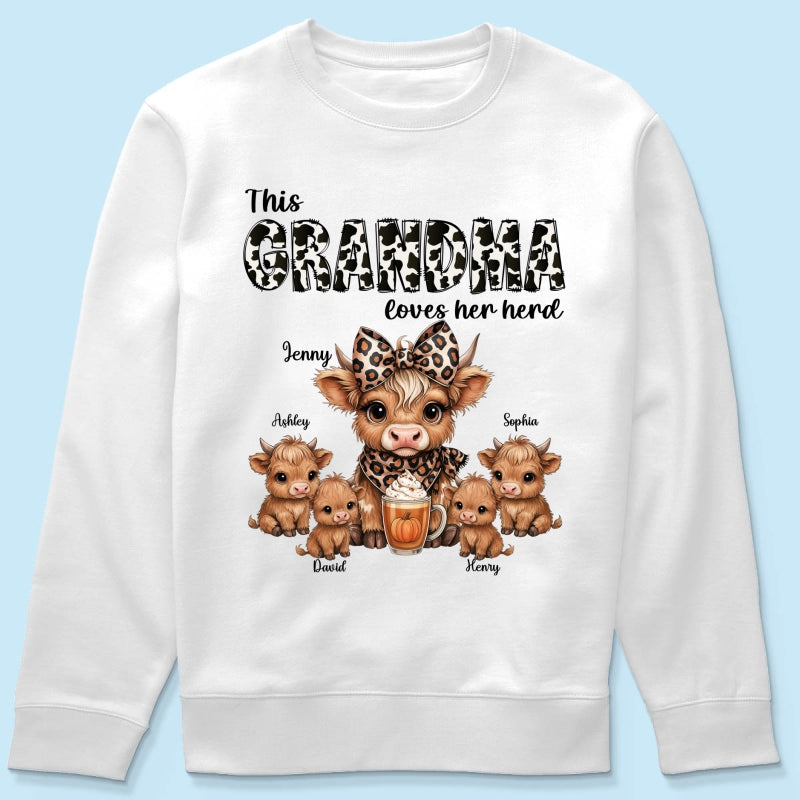 This Mama Grandma Loves Her Herds – Cozy Fall Vibe Personalized Highland Cow Family Sweatshirt