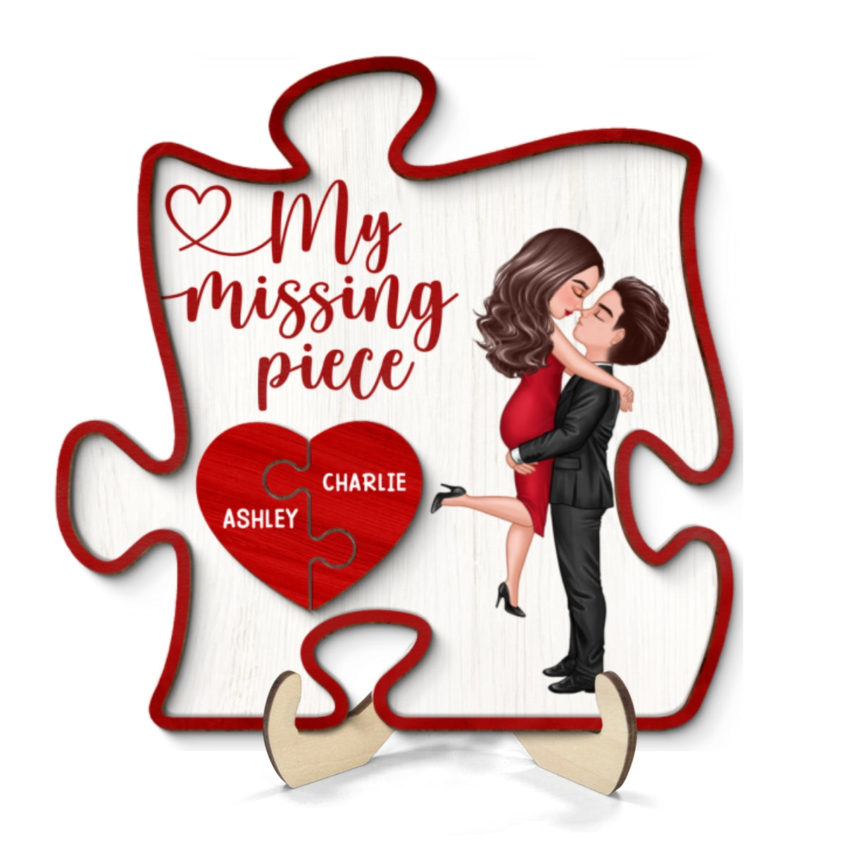 My Missing Piece Couple Hugging Kissing Red Puzzle Shaped Personalized 2-Layer Wooden Plaque, Anniversary Gift,  Gift