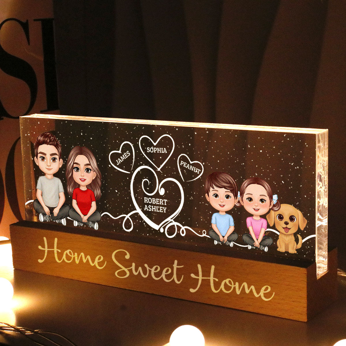 Home Sweet Home Cute Family Sitting Crossed Legs Personalized Acrylic Block LED Night Light,  Gift For Her, Gift For Him