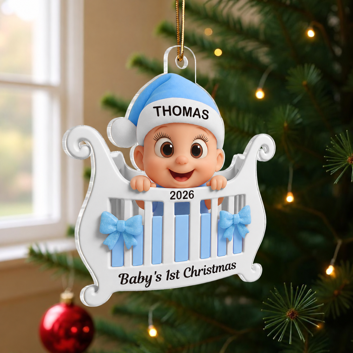 3D Effect Cute Cartoon Baby In Crib Baby's 1st Christmas Personalized Acrylic Flat Ornament