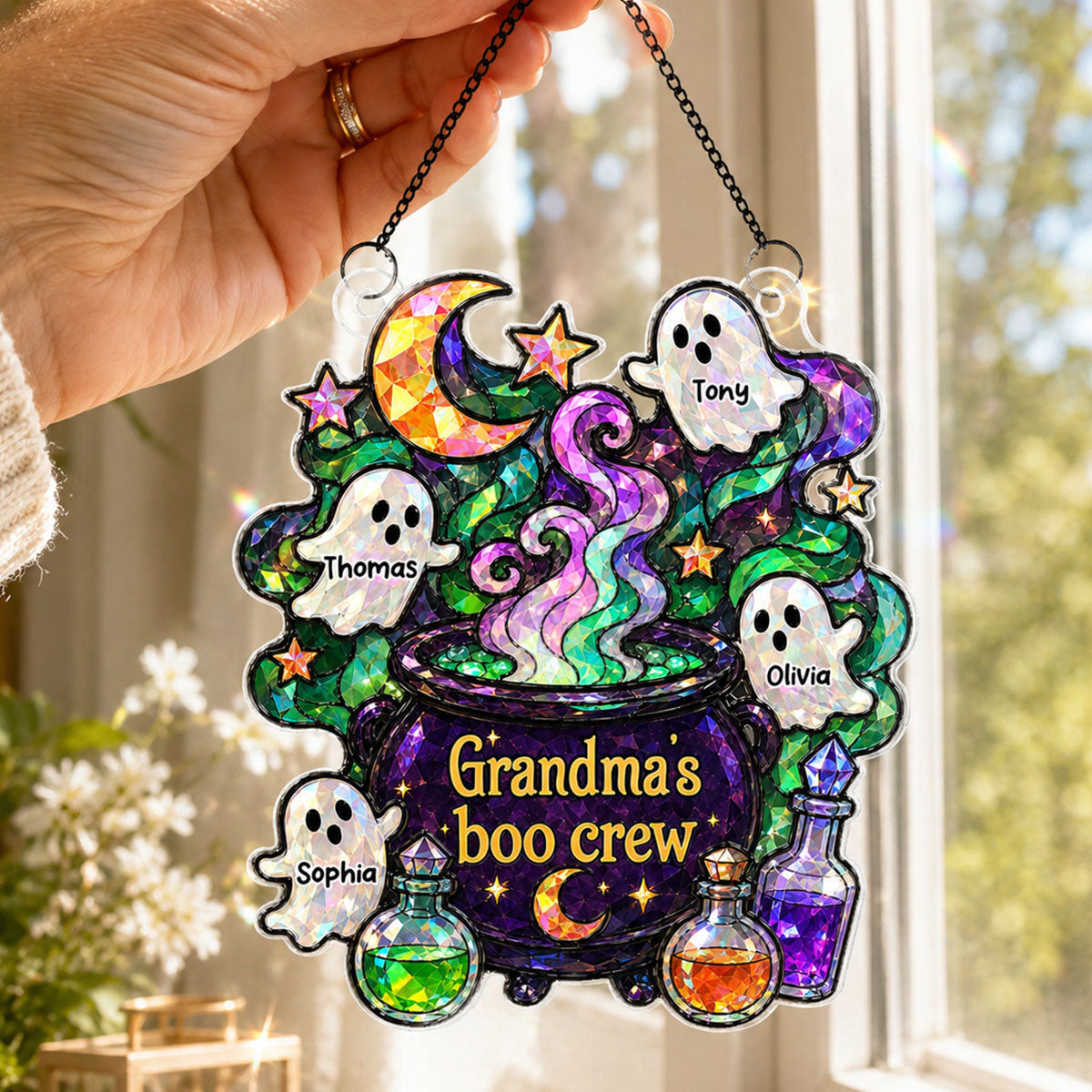 Mysterical Grandma's Boo Crew Cauldron - Personalized Window Hanging - Halloween Decoration For Grandma