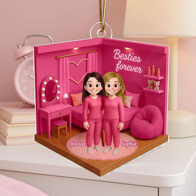 3D Effect Besties Pink Tone Diorama Dream Dollhouse Personalized Flat Acrylic Ornament, Keepsake