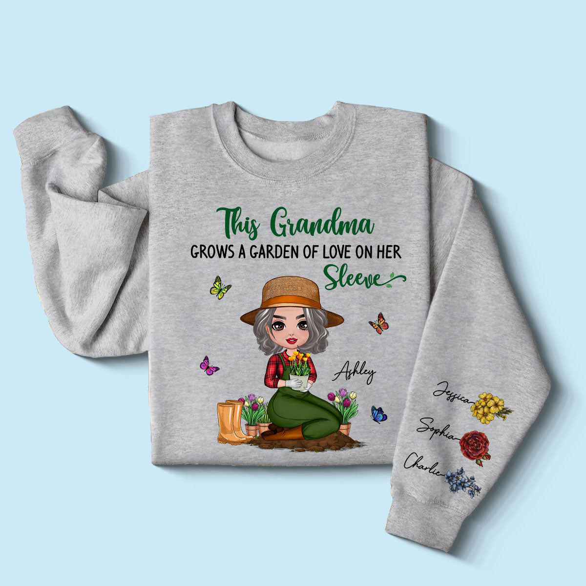This Grandma Grows A Garden Of Love On Her Sleeve Vintage Birth Flower Personalized Sleeve Printed Sweatshirt