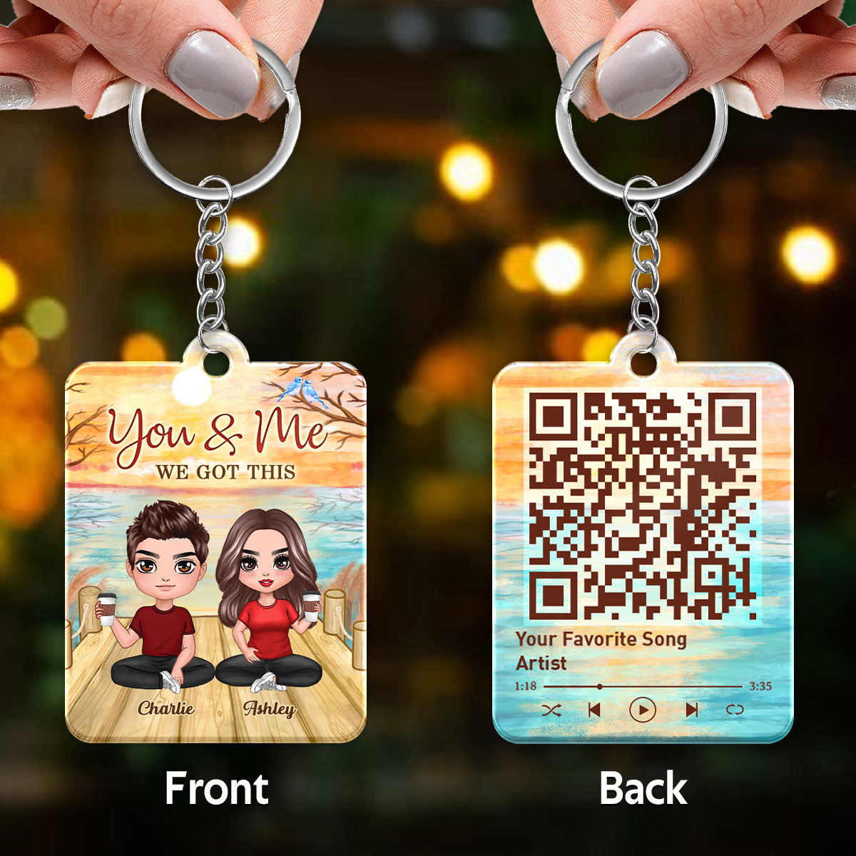 Lake View Doll Couple Sitting Favorite Song Scannable QR Code Personalized Acrylic Keychain