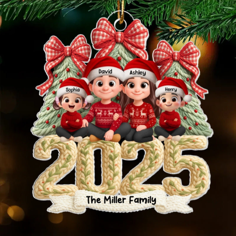 Family Sitting 2025 Latch Hook Yarn Faux - Personalized Acrylic Ornament - Christmas Gift for Family