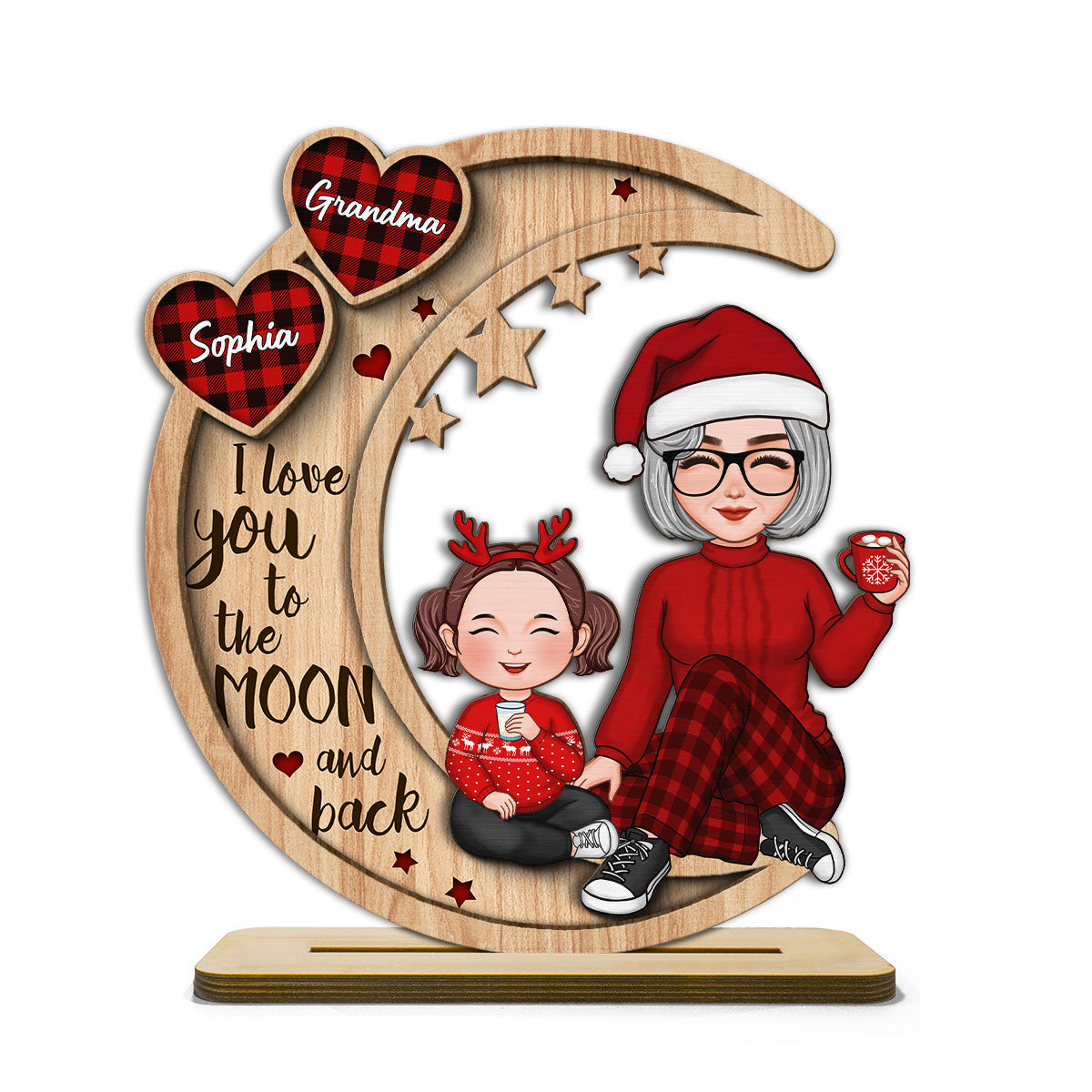 Checkered Pattern Heart Cute Grandma Grandkids Sitting On Moon Christmas Personalized 2-Layer Standing Wooden Plaque